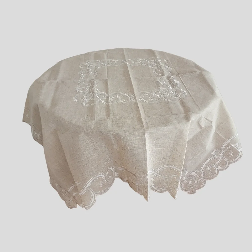 SARO Embroidered Scallop Design Natural Linen Blend Tablecloth Square 67